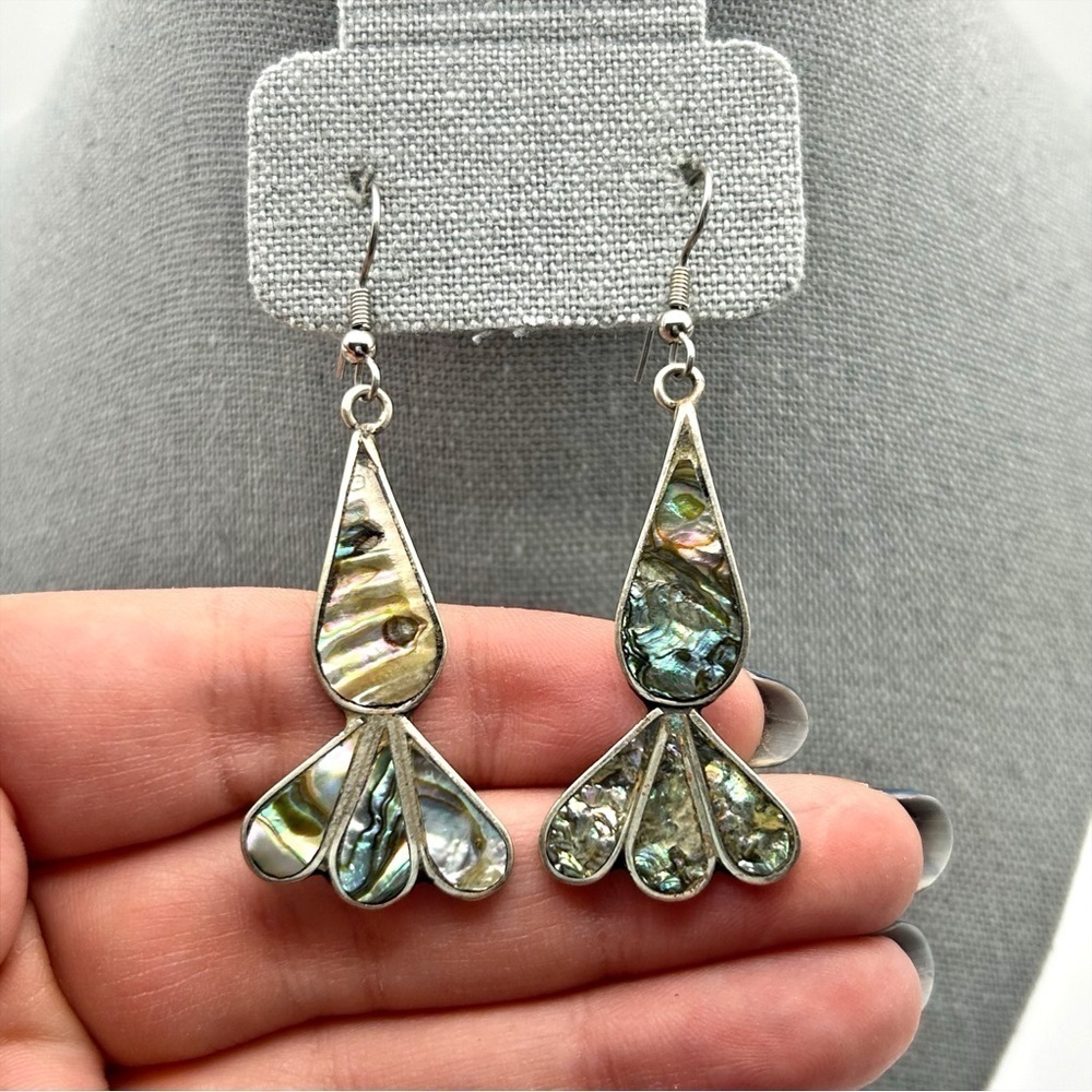 Vintage Alpaca Mexico Genuine Abalone Shell Carrot Design Dangle Pierced Earring